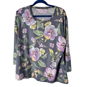 Bon Worth Womens Floral Polka Dot Long Sleeve Grey Purple Pullover Top